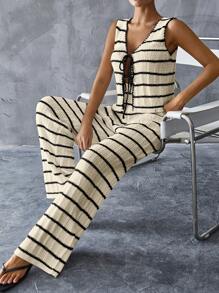 SHEIN Essnce Women's Casual Striped Tie-Front Sweater Vest And Wide Leg Knit Pants 2-Piece Suit, Spring And Autumn - Beige - View 7