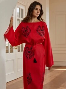 Aveloria Modichic Women's  Embroidery Color Block Design Puff Sleeve Blouse And Drawstring Hem Long Skirt Set, Autumn
