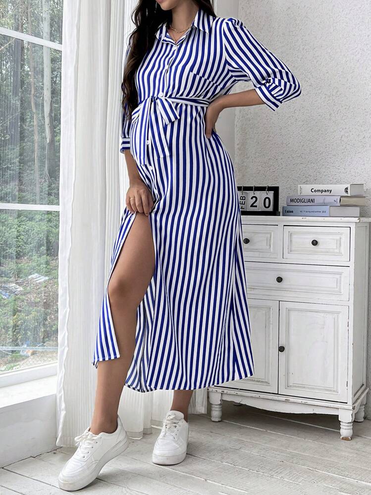 SHEIN Vestido camisero de manga larga con estampado de rayas para embarazo - Azul y blanco - Añade 3