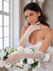 SHEIN Belle 1 双优雅可爱珍珠/贝壳蕾丝新娘手套带人造珍珠装饰，适合女士婚礼/派对 - 白色 - 查看 3