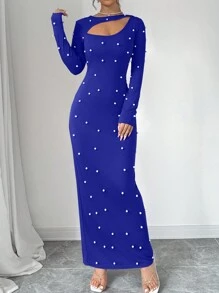 Elenzga Đầm ôm cổ chéo đính ngọc trai thanh lịch, mùa thu - Xanh đậm - Xem 3