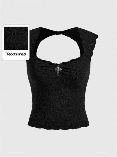 Grunge Punk Débardeur moulant à dos évvidé et à pendentif croisé pour femmes, école