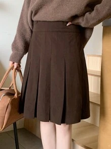 FRIFUL 女式纯色短款褶皱 A 字迷你裙，返校服装 - 咖啡棕 - 查看 6