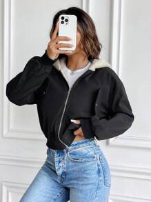 Chiquease Women's Solid Color Long Sleeve Zipper Collared Thermal Lined Hooded Casual Jacket, Autumn Winter Fall Cloth For Women - Black - View 5