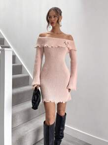 Chiquease Đầm suông dài tay đơn giản trễ vai màu trơn đơn giản - Màu Khaki - Xem 1