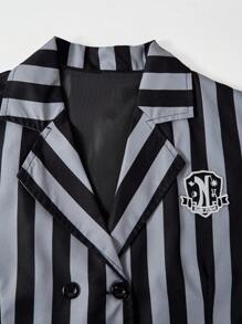 SHEIN 2 件套女孩星期三条纹学院风西装外套和百褶裙酷炫别致深色服装（不含配饰）