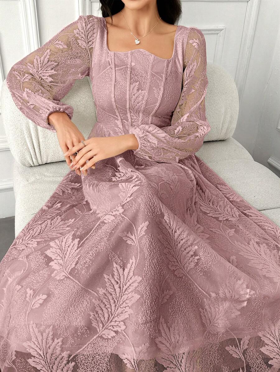 Modelyn Women's Elegant Floral Mesh Lantern Sleeve Modest Long Sleeve Dress - Pink - View 1