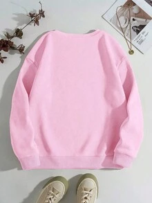 SHEIN EZwear 女式豹纹蝴蝶结印花休闲圆领落肩长袖运动衫，秋冬 - 粉色 - 查看 2