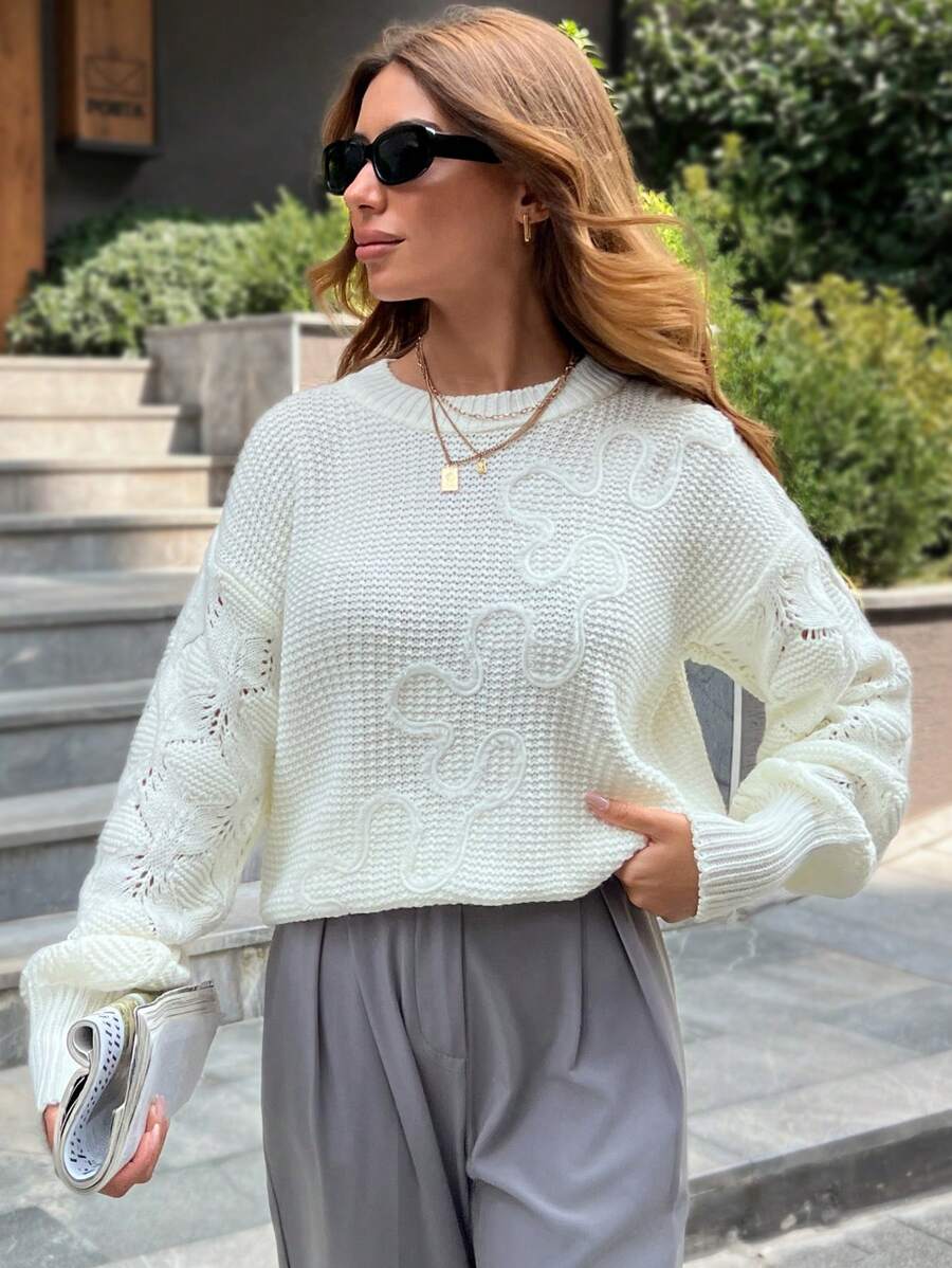 EURMUSE Damen Strickpullover in Passform mit Stickerei, warm für den Winter - Weiss - Übersicht 1