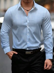 Manfinity Mode 男士春秋休闲格子长袖衬衫 - 藍色 - 查看 1