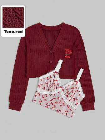Kawaii Conjunto de dos piezas para la escuela que incluye un cárdigan bordado con cerezas encantador y una camiseta de tirantes con encaje en contraste para mujer