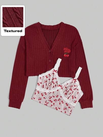 Kawaii Women's Lovely Cherry Embroidered Cardigan And Contrast Lace Cami Top Two-Piece Set, School