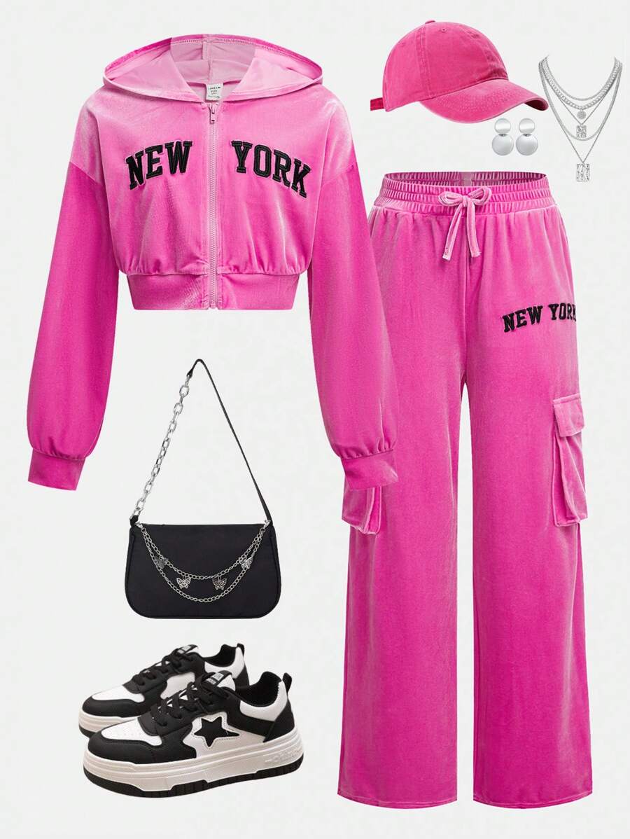 SHEIN Girlism Tween 女童纯粉色落肩字母刺绣长袖拉链连帽短款夹克带口袋和阔腿工装裤 2 件/套 - 粉色 - 查看 1