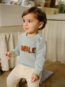 SHEIN Baby Jungen Lässiges, süßes, mit Buchstaben besticktes, minimalistisches Langarm-Sweatshirt und Hosen Set, geeignet für Temperaturwechsel im Frühling und Herbst, passend für Ausflüge und Zusammenkünfte - Verschiedenfarbig - Übersicht 4