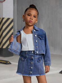 SHEIN 2 件女童牛仔翻领长袖夹克和百褶裙套装 - 中等水洗藍 - 查看 3