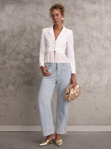 SHEIN Unity Women's Solid Color Stand Collar Long Sleeve Patchwork Pleated Hem Blazer Jacket, Spring & Autumn - White - View 3