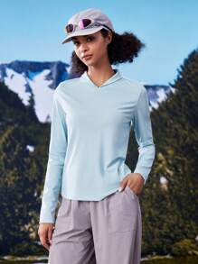 In My Nature Maglietta a maniche lunghe con collo morbido e alta elasticità da donna, adatta per campeggio, trekking, pendolarismo in città, colore blu - Blu - Visualizzare 6