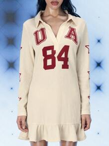 FREAK CITY Designer Women USA 84 Printed Ruffled Hem Mini Waffle Dress Retro Street Apricot Dress, For Spring, Beach, Festival, Holiday, Party, Vacation, Birthday Outfits, Ibiza Fits, Prom Dress - Apricot - View 6