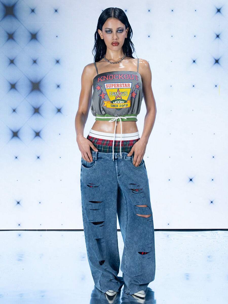 FREAK CITY Designer Women Printed Satin Drawstring Hem Casual Street Gray Cami Top, Holiday, Vacation, Spring & Summer, Beach, Going Out, Festival, Ibiza Fits - Grey - View 1