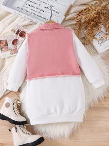 SHEIN 2pcs Young Girl Round Neck Letter Print Pullover Sweater And Button Front Jacket Set - Pink - View 2