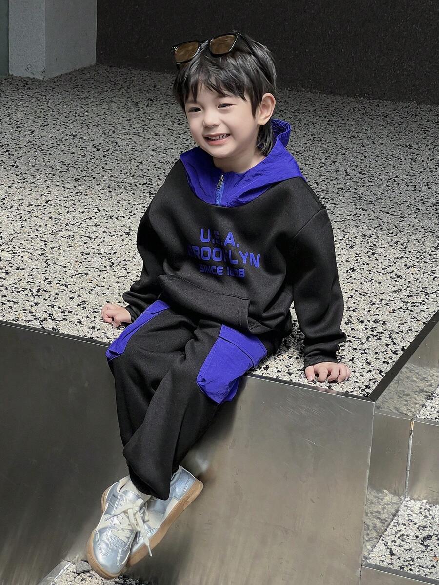 SHEIN 2pcs/Set Young Boys'' Casual Purple Contrast Color Letter Print Sweatshirt & Sweatpants Set, Street Fashion Style For Spring, Autumn, Winter - Multicolor - View 1