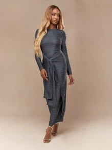 MISSGUIDED 纹理裹腰结饰长袖长裙 - 棕色 - 查看 4