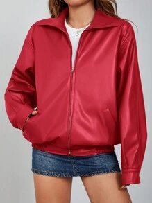 SHEIN ICON Drop Shoulder Zip Up Black PU Jacket - Red - View 3