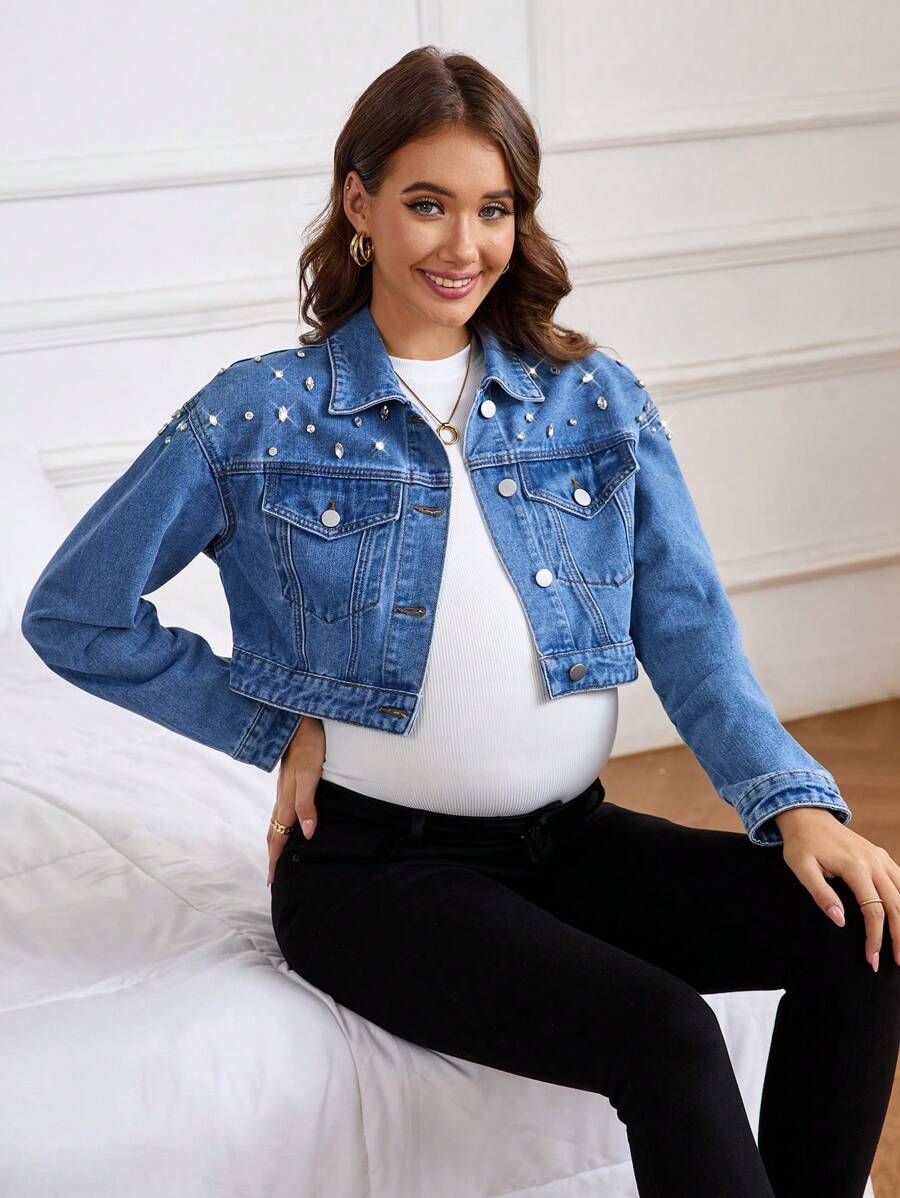SHEIN Pregnant Women's Spring & Autumn Casual Cropped Denim Jacket With Rhinestone Decor, For Maternity - Medium Wash - View 1