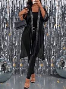 Plus Size Solid Color Stitching Mid-Length Casual Jacket - Black - View 4