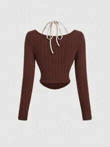 SHEIN MOD 女士棕色毛绒长袖二合一套头衫，冬季服装，棕色上衣，女牛仔服装，保暖衬衫，波西米亚风 - 摩卡棕 - 查看 2