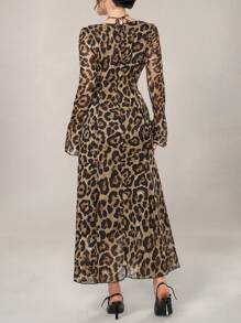Modelyn Women's Long Sleeve Halter Leopard Print Dress, Casual Daily Wear Maxi Women Outfit Long Evening Dresses Fall Cloth For Women - Brown - View 5