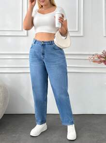 RueChic Plus Elastic Band Detailed Folded Hem Mom Jean - Medium Wash - View 1