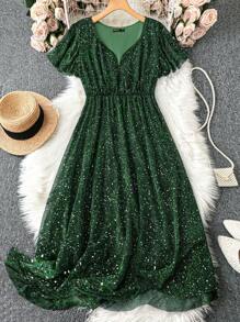 SHEIN Clasi 女式优雅时尚网眼短袖连衣裙，配水钻装饰 - 墨綠色 - 查看 1