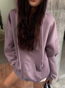 DAZY Women's Solid Color Drop Shoulder Long Sleeve Zip-Up Hooded Casual Fleece Sweatshirt, Fall/Winter Jacket - Dusty Purple - View 6