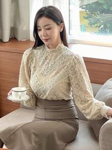 DAZY Áo cánh ren thanh lịch cổ đứng tay đèn lồng cho nữ xuân/thu - Màu Khaki - Xem 9