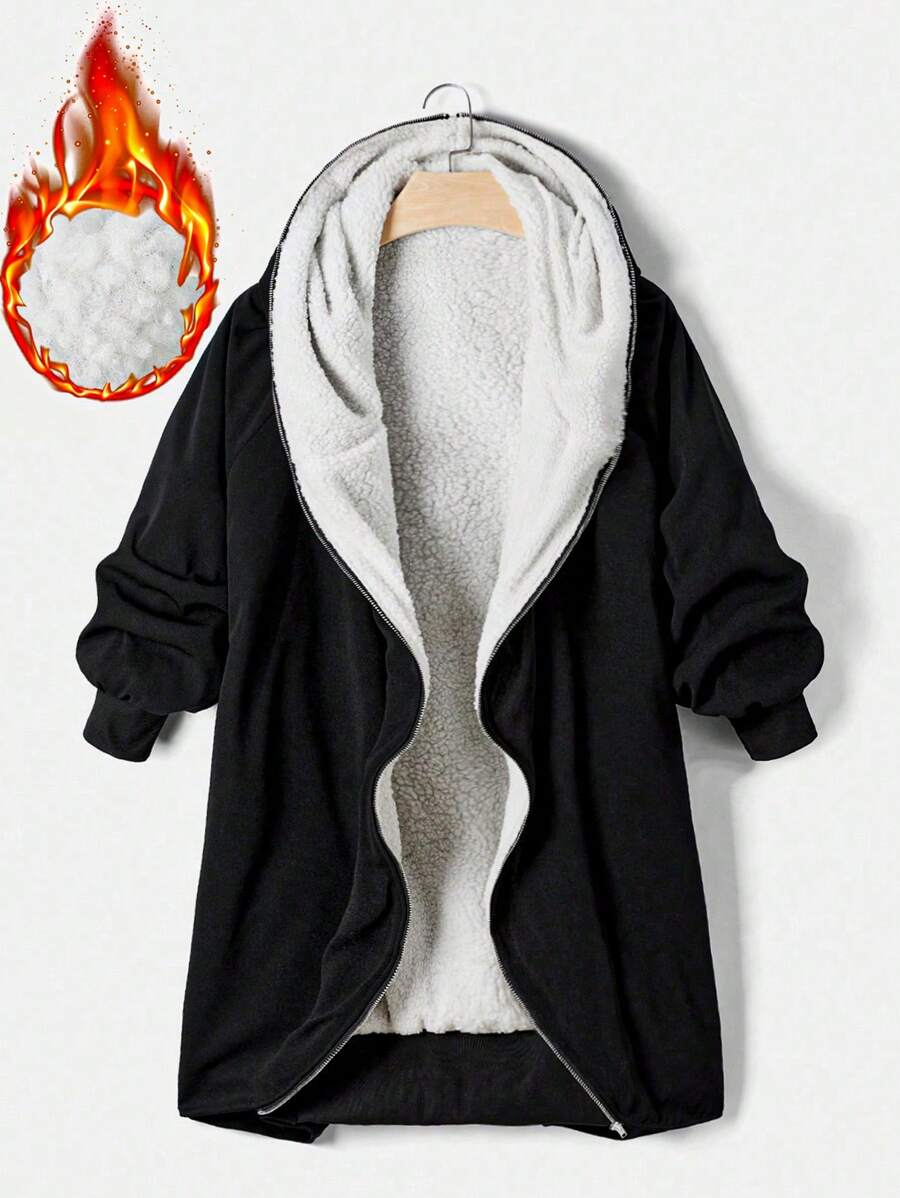 Flirla Fuzzy Color Block Hooded Zip-Up Jacket In Plus Size - Black and White - View 1