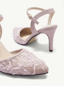 CUCCOO HITCHD Women's Pointed Toe High Heel Shoes, Lace Net Fabric, Elegant & Versatile Pink Backless Pumps - Pink - View 4