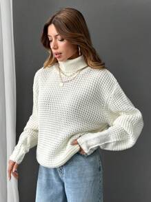 EURMUSE Casual Turtle Neck Balloon Sleeve Cable Knit Detail Plain Solid Sweater - White - View 5