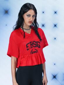 FREAK CITY Designer Women Ruffled Hem Athletic Mesh Graphic Printed Retro Street Red Top, For Holiday, Vacation, Spring & Summer, Going Out, Festival, Ibiza Fits