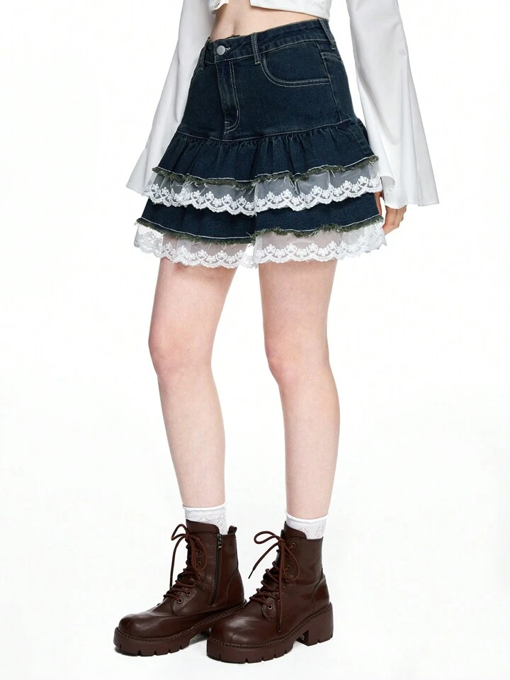 Our Kawaii Women Layered Lace Trim Low Waist Denim Mini Skirt is