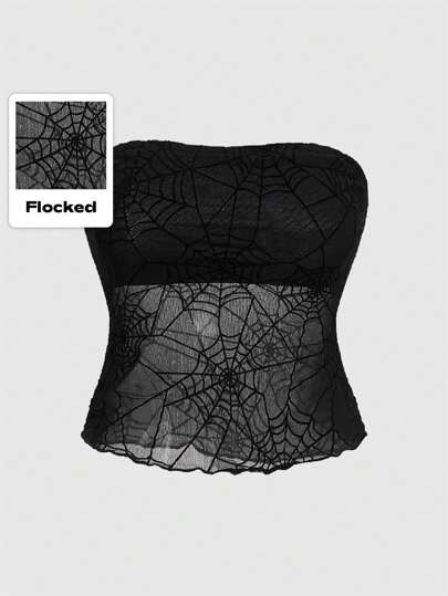 Sexy Gothic Spider-Web Mesh Halter Plus Size Blouse For Women
