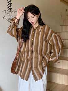 FRIFUL Damska luźna bluzka w paski z odkrytymi ramionami i długim rękawem, wiosna/jesień - Brązowy - Zobacz 4