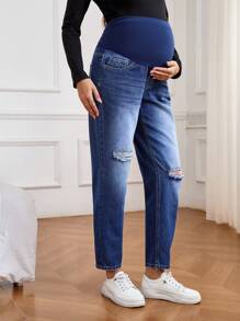 Maternity Contrast Patchwork High Waist Ripped Denim Jeans - Medium Wash - View 3