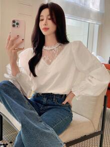 DAZY 长袖宽松女式衬衫，撞色蕾丝细节，荷叶边，秋季服装 - 白色 - 查看 1