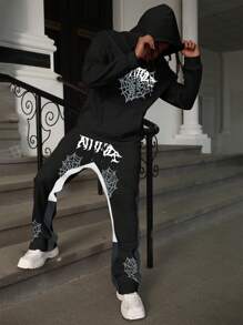 Manfinity EMRG Men's Casual Spiderweb & Letter Print Hoodie Sweatshirt And Drawstring Sweatpants Set