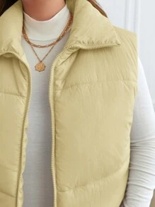 SHEIN Frenchy 大码纯色前拉链无袖简约休闲装 - 黃色 - 查看 4
