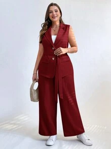 SHEIN Essnce 大码女式纯色缺口领单排扣背心和阔腿裤休闲套装，春夏季 - 酒紅色 - 查看 5