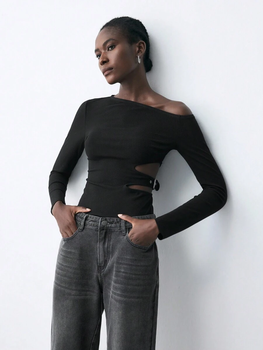 Maija Women's Black Solid Asymmetric Neck Hollow Waist Metal Buckle Fitted Casual Urban Long Sleeve T-Shirt Tops For Early Spring, Suitable For St. Patrick's Day, Easter, Chinese New Year, Music Festivals
