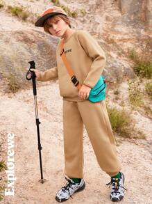 SHEIN 2pcs Tween Boys Outdoor Camping Slogan Print Sweatshirt And Sweatpants Set