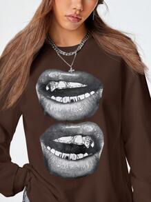 SHEIN EZwear Oversized Women's Vintage Black Lips Print Y2K Style Casual Round Neck Sweatshirt - Coffee Brown - View 3
